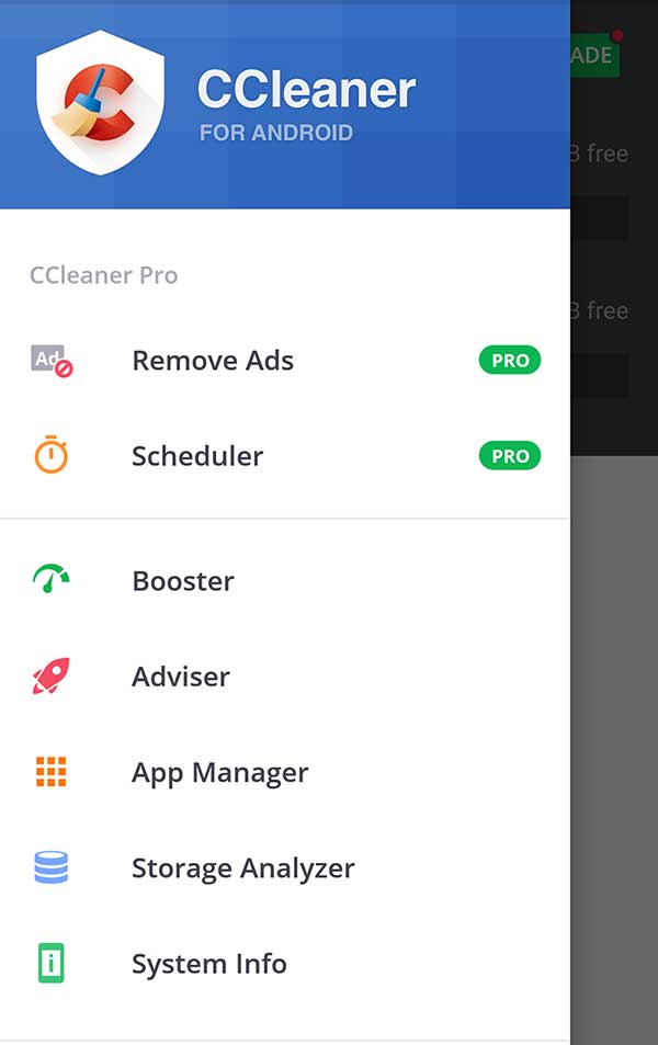 CCleaner menu items