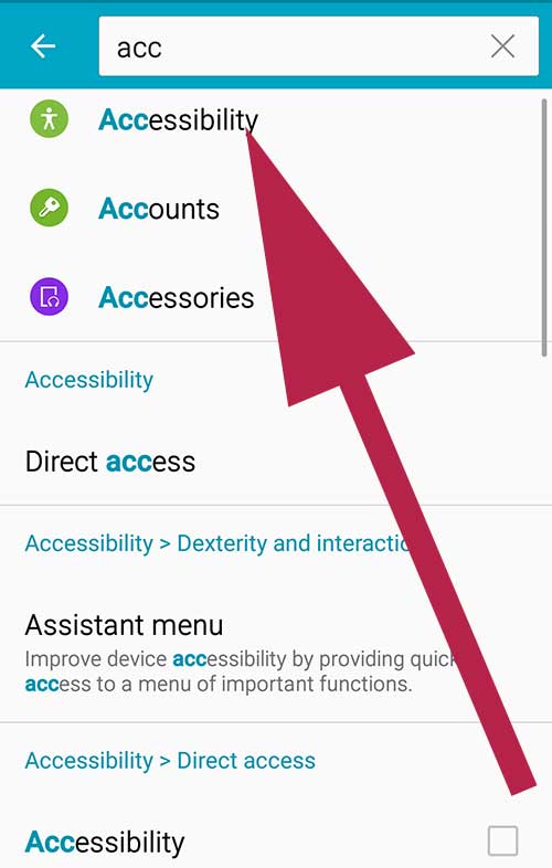 Search Accessibility from settings